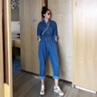 Long-sleeve Straight-leg Denim Cargo Jumpsuit