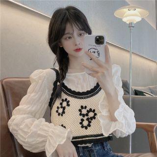 Set: Puff-sleeve Blouse + Floral Print Camisole Top