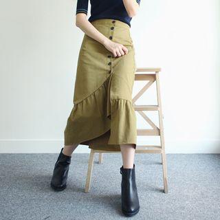 Asymmetric Ruffle-hem Buttoned Long Skirt