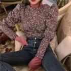 Plain Turtle-neck Long-sleeve Top / Floral Puff-sleeve Blouse