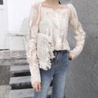 Set: Lace See-through Long-sleeve Blouse + Camisole Top