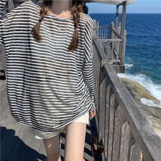 Striped Long Sleeve Open Back Sheer Top Stripe - One Size