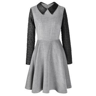 Long-sleeve Collared Quilted Midi A-line Dress Gray - S