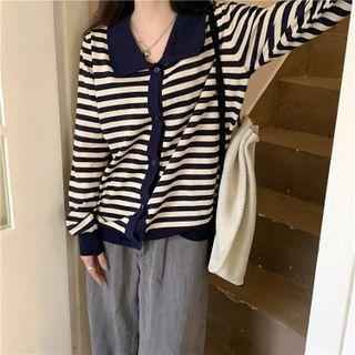 Long-sleeve Striped Cardigan Navy Blue - One Size