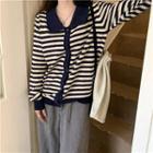 Long-sleeve Striped Cardigan Navy Blue - One Size