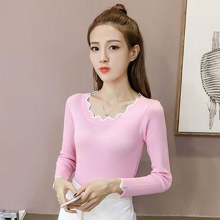 Long-sleeve Scalloped-trim Knit Top