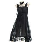 Set: Ruffle Trim Sleep Dress + Choker Set Of 2 - Sleep Dress & Chocker - Black - One Size