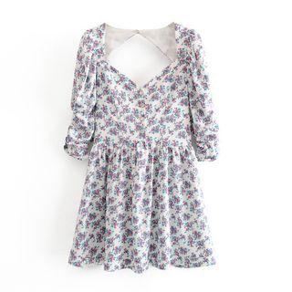 Short-sleeve Open-back Floral Print Dress