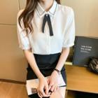 Short Sleeve Contrast Stitch Collar Tie-neck Blouse