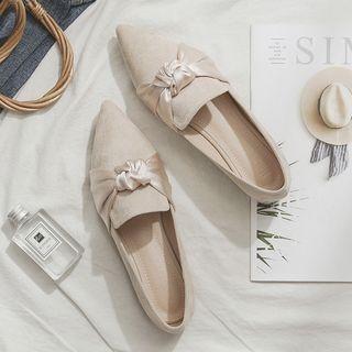 Satin Paneled Knotted Faux Suede Pointed Flats