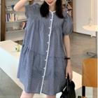 Puff-sleeve Plaid Buttoned A-line Dress As Shown In Figure - One Size