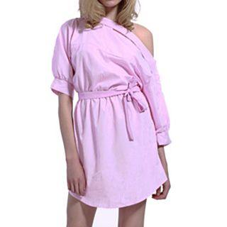 Asymmetric-shoulder Tie-waist Shirtdress