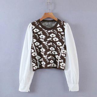 Long-sleeve Panel Floral Jacquard Sweater Coffee - One Size