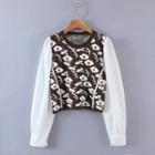 Long-sleeve Panel Floral Jacquard Sweater Coffee - One Size