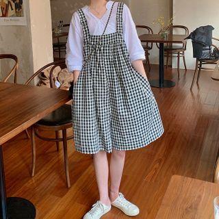 Set: Elbow-sleeve Plain Blouse + Plaid Jumper Shorts