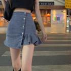 Print Cropped T-shirt / Denim Pleated Mini A-line Skirt