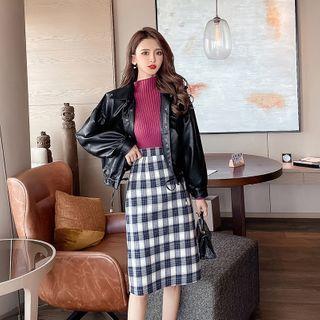 Mock-turtleneck Ribbed Knit Top / Plaid A-line Skirt / Faux Leather Jacket