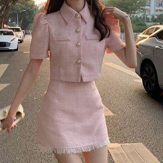Short-sleeve Faux Pearl Crop Shirt / Mini Pencil Skirt