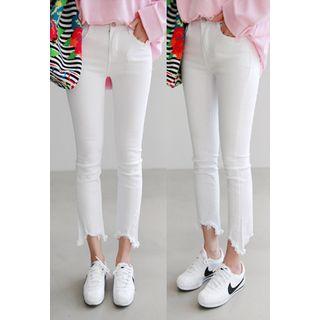 Cutout Fray-hem Slim-fit Pants