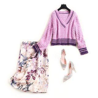 Set: V-neck Sweater + Floral Print Pencil Skirt