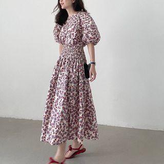 Puff-sleeve Floral Print Top / Shirred Midi A-line Skirt