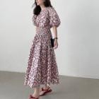 Puff-sleeve Floral Print Top / Shirred Midi A-line Skirt
