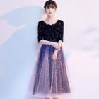 Elbow-sleeve Star Print A-line Cocktail Dress