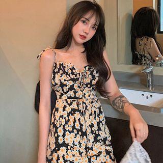 Flower Print Spaghetti Strap A-line Dress Black - One Size
