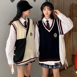 V-neck Color Panel Knit Vest / Pleated Plaid Skirt / Long-sleeve Shirt With Tie