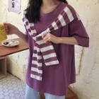 Elbow-sleeve Mock Two-piece Striped Panel T-shirt