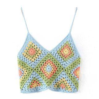 V-neck Color Block Crop Crochet Camisole Top Blue - One Size