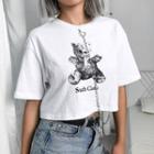 Bear Print Short-sleeve Chain Cropped T-shirt