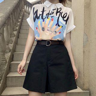 Set: Short-sleeve Print Chiffon Shirt + Wide-leg Shorts