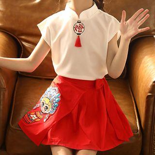 Family Matching Set: Tassel Detail Printed Cap-sleeve Chinese Traditional Blouse + Embroidered Mini Skirt