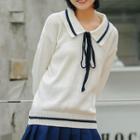Long-sleeve Contrast Trim Collared Knit Top White - One Size