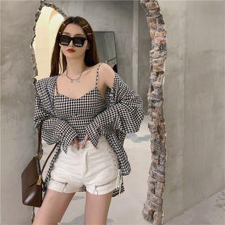 Set: Houndstooth Cropped Camisole Top + Shirt Camisole Top - Houndstooth - Black - One Size / Shirt - Houndstooth - Black - One Size