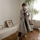 Wide-collar Open-front Trench Coat With Belt Gray - One Size