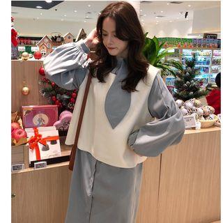 Puff-sleeve Midi Shirtdress / Knit Vest