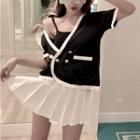 Contrast Trim Short Sleeve Cardigan / Pleated Skirt