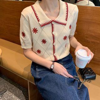 Embroidered Collared Short-sleeve Cardigan Almond - One Size