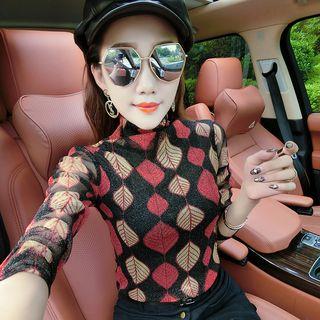 Long-sleeve Turtleneck Leaf Print T-shirt