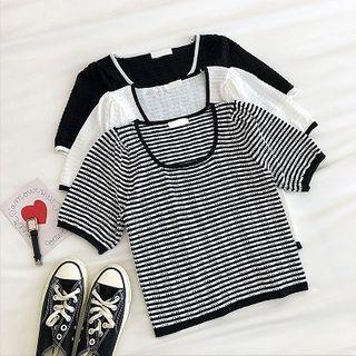 Color-block Striped Crewneck Puff-sleeve Top