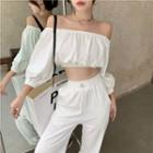 Off-shoulder Plain Cropped Blouse / High-waist Sweatpants