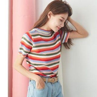 Short Sleeve Striped Knit Top Red - One Size