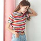 Short Sleeve Striped Knit Top Red - One Size