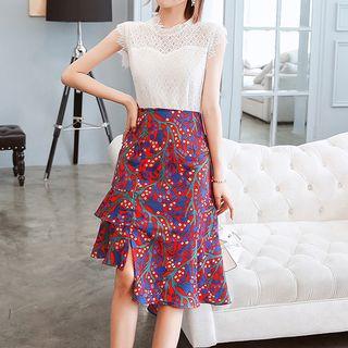 Set: Lace Sleeveless Top + Printed Asymmetric Midi Skirt