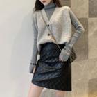 Turtleneck Knit Top / Knit Vest / Faux Leather Skirt