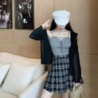 Lace-up Camisole Top / Plaid A-line Skirt / Hooded Cardigan
