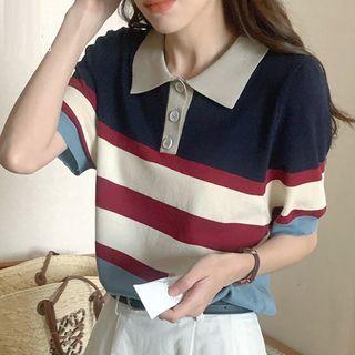 Short-sleeve Collar Color Block Knit Top Dark Blue & Red & White - One Size