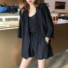 Set: Single Button Blazer / Drawstring A-line Shorts / Plain Camisole Top